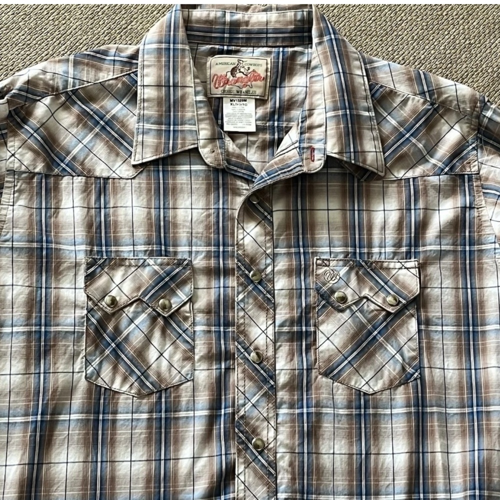 Wrangler Pearl Snap Plaid Shirt Mens L Long Sleeve Plaid Orange Blue Cowboy